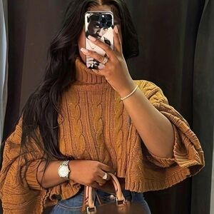 New Cable Knit Turtleneck Sweater - Brown